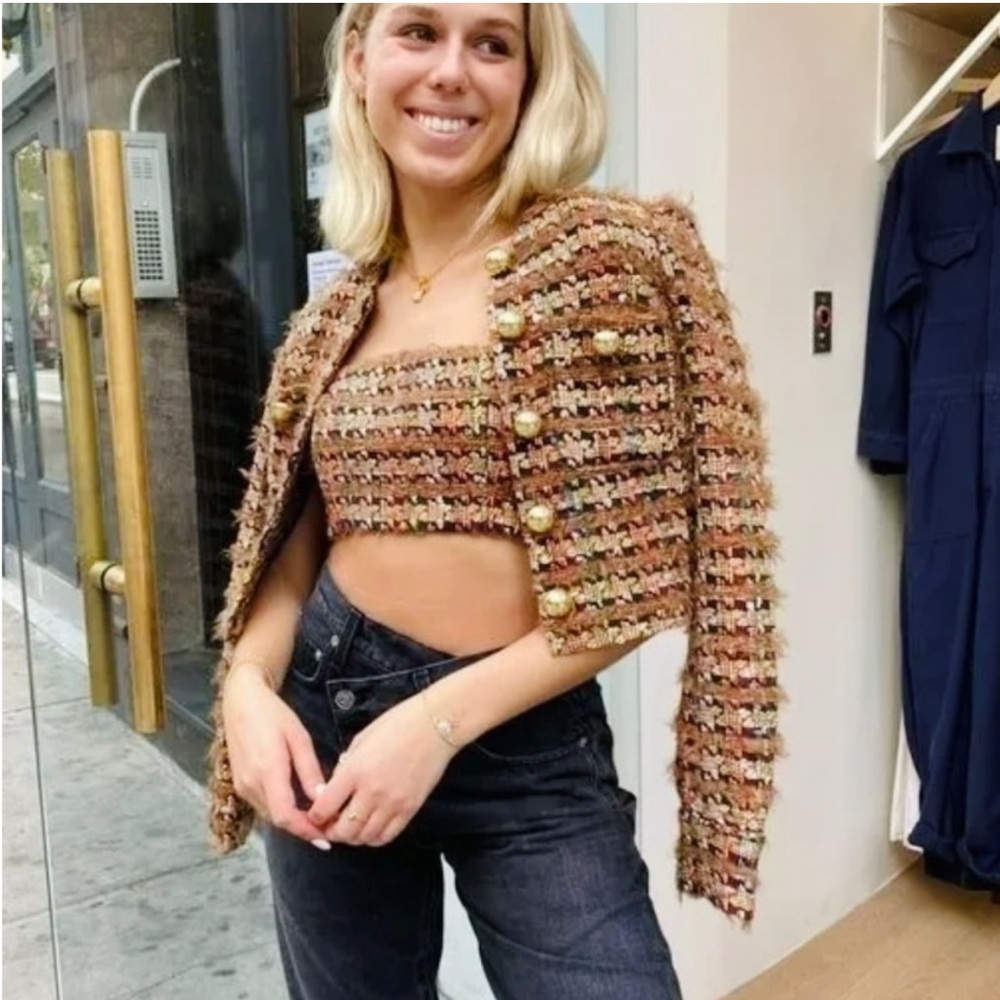 Ronny Kobo Collection cropped tweed boucle cropped jacket with tube top set NEW